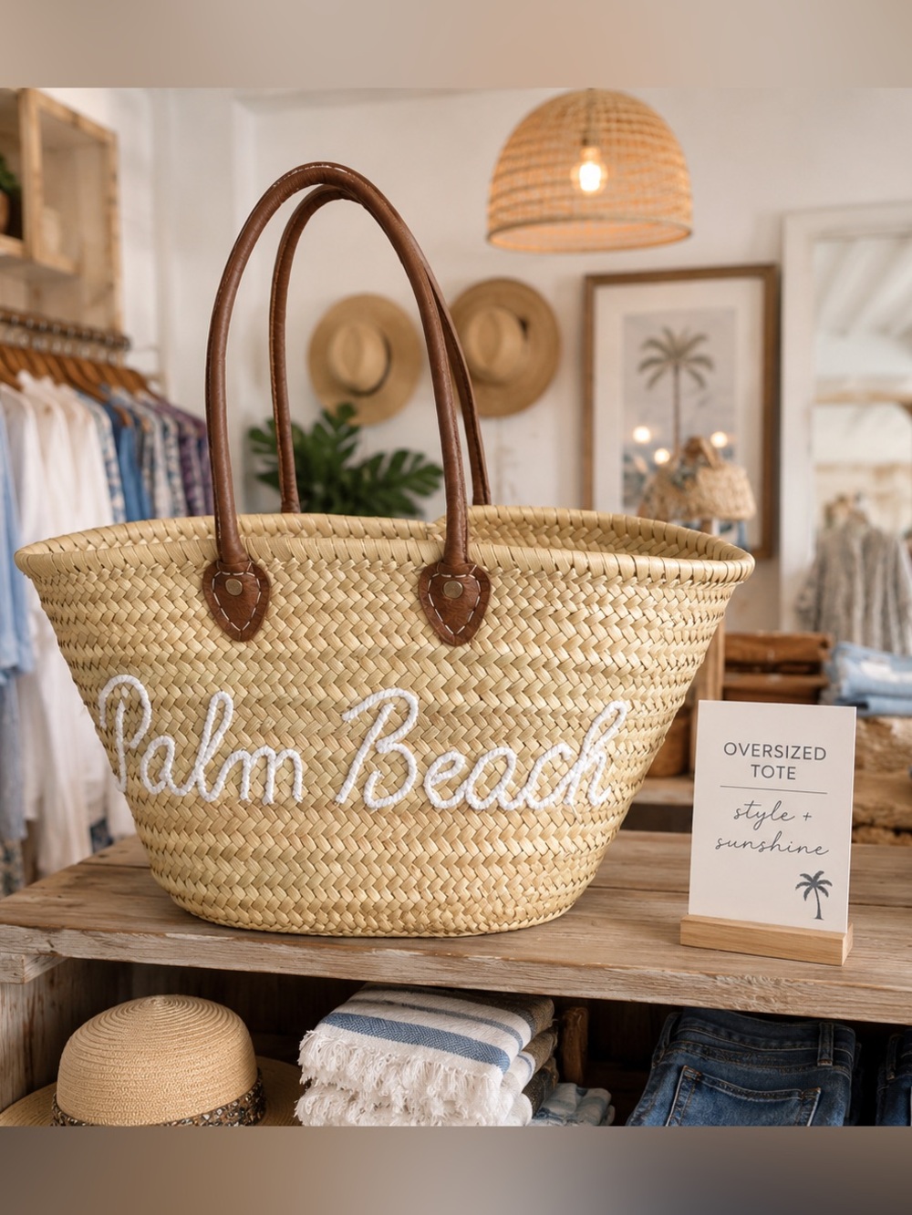 Palm Beach Woven Straw Oversized Tote with Brown Vegan Leather Handles